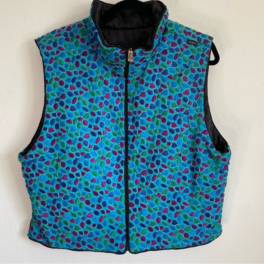 SKEA Zippered Vest Vtg Paris/Vail Embroidered Top w Gold Metallic Thread Sz XL
